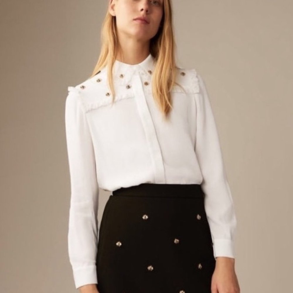 Maje Ciel Bee Embellished Ruffle Blouse White | 1 / S